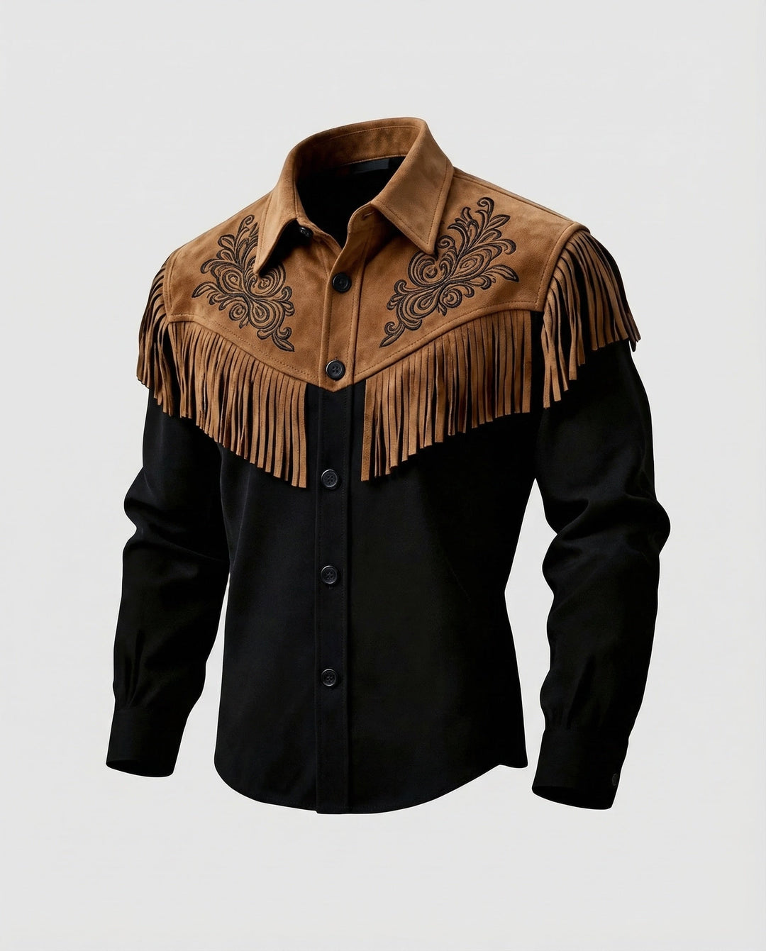 Men's western shirt in black, suede look embroidered cowboy