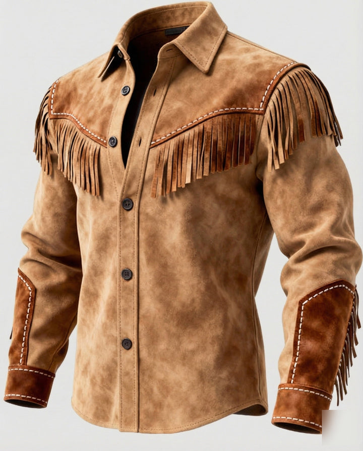 Men's western shirt in light brown, suede look embroidered cowboy