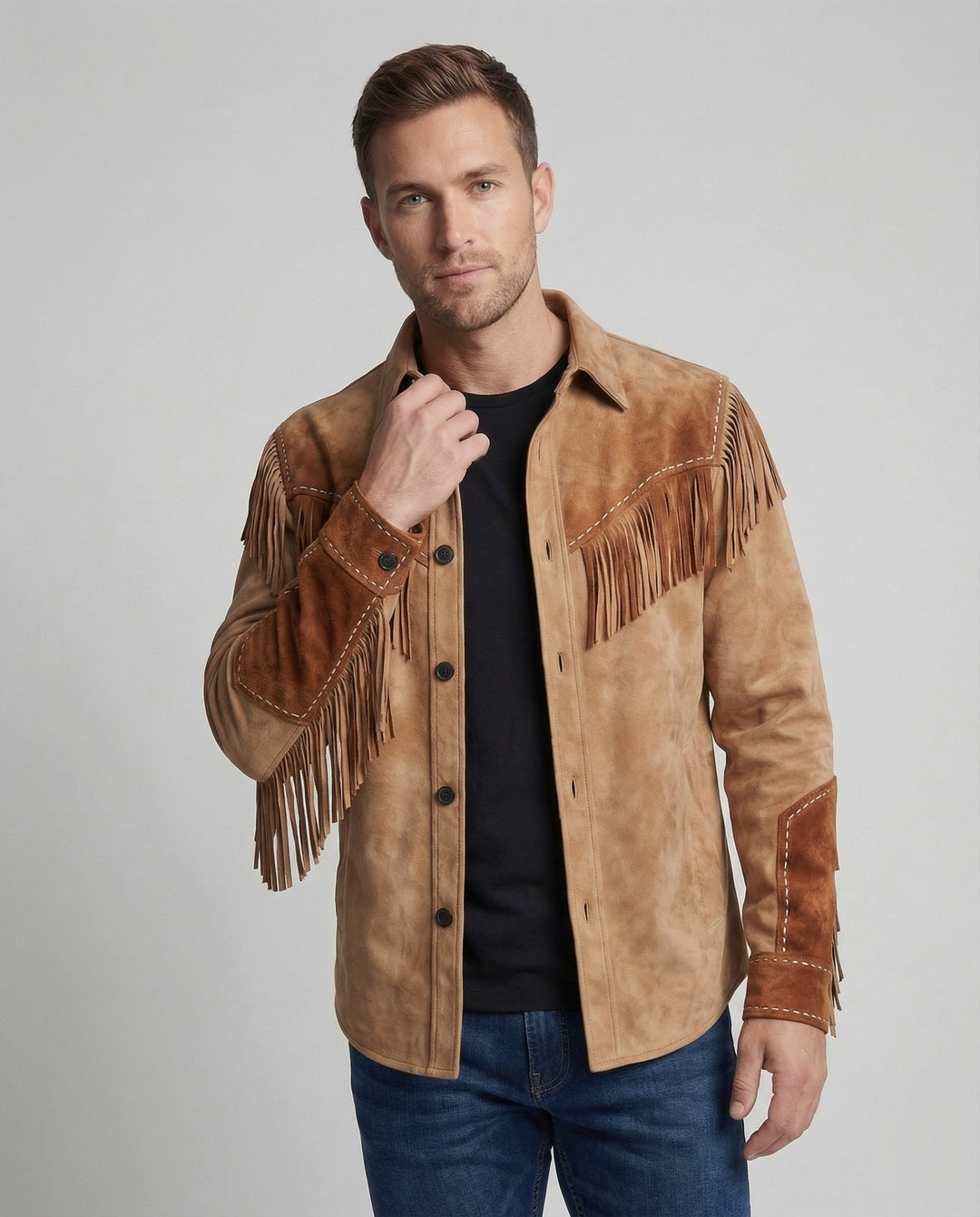 Men's western shirt, suede look embroidered cowboy, view 2