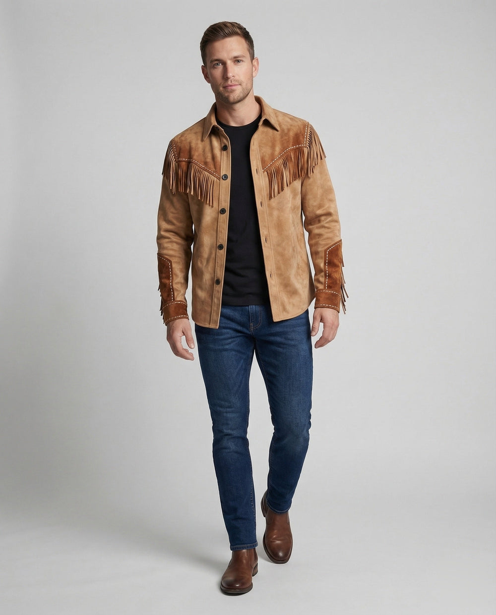 Men's western shirt, suede look embroidered cowboy, view 1