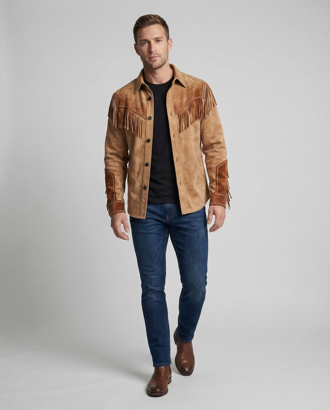 Men's western shirt, suede look embroidered cowboy, view 1