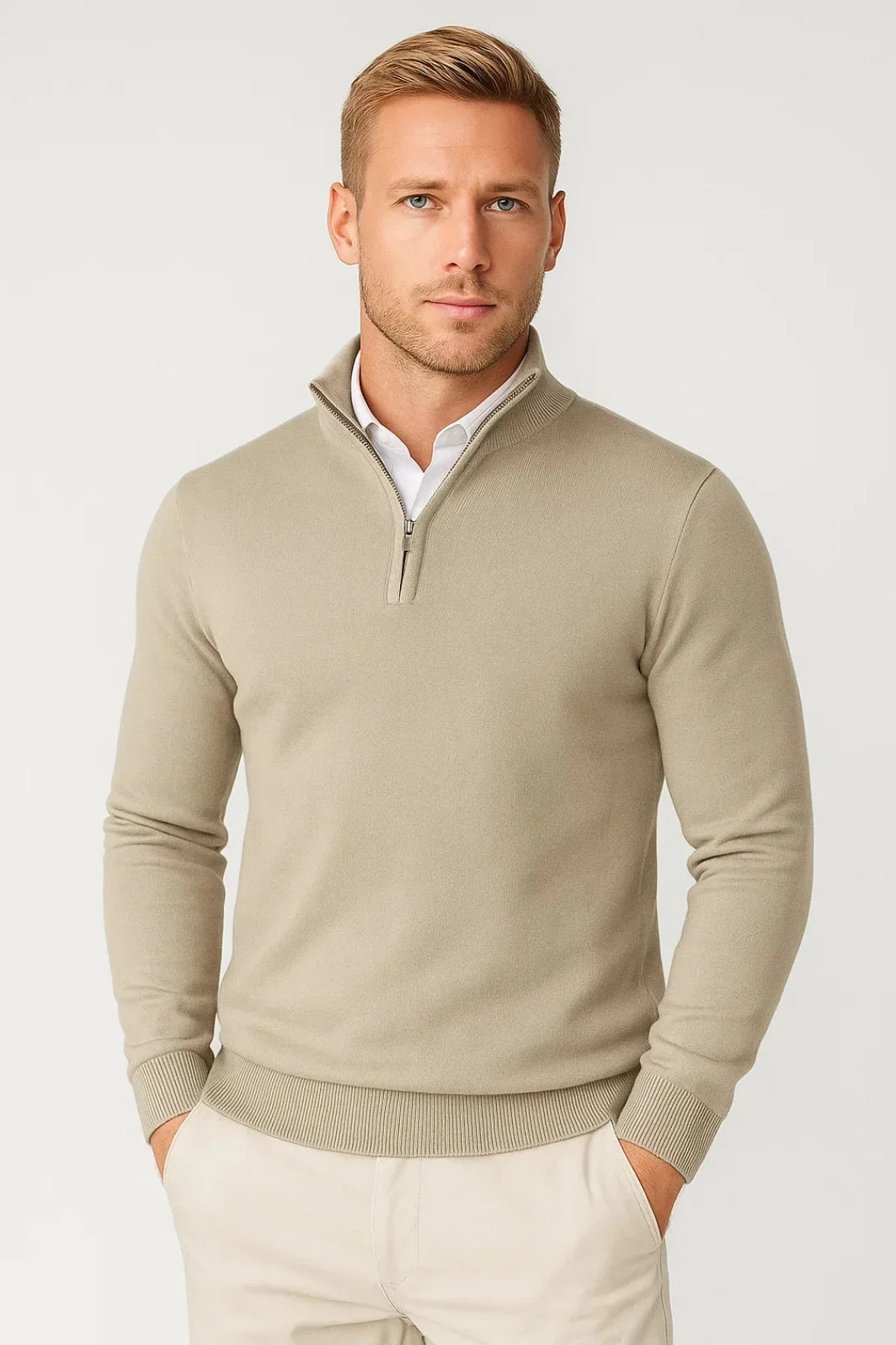 Men's half zip jumper in beige, fine knit quarter zip
