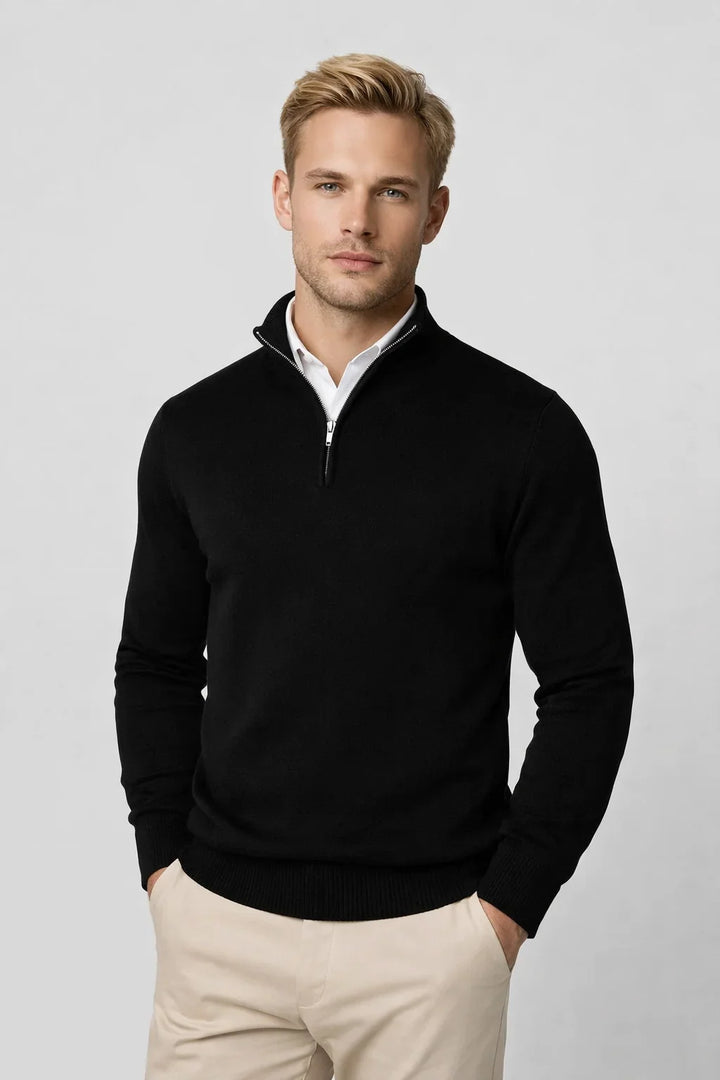 Men's half zip jumper in black, fine knit quarter zip
