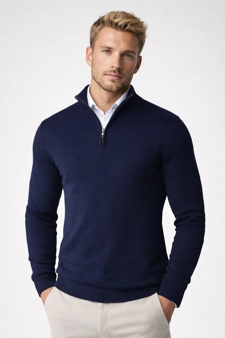 Men's half zip jumper in blue, fine knit quarter zip