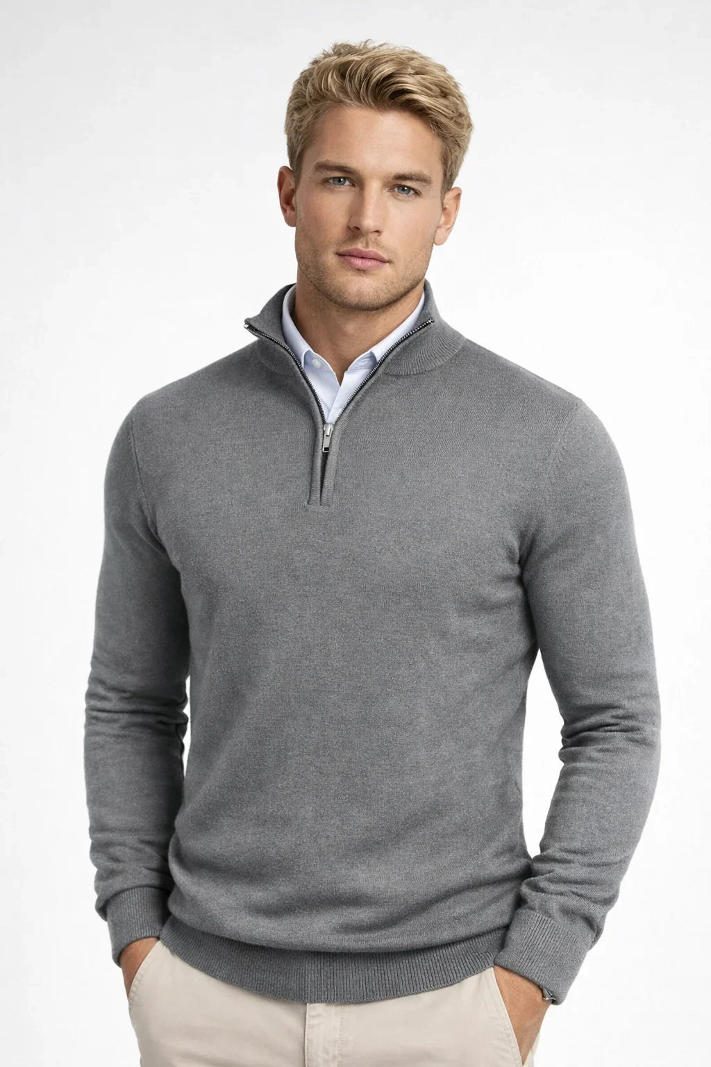 Men's half zip jumper in grey, fine knit quarter zip