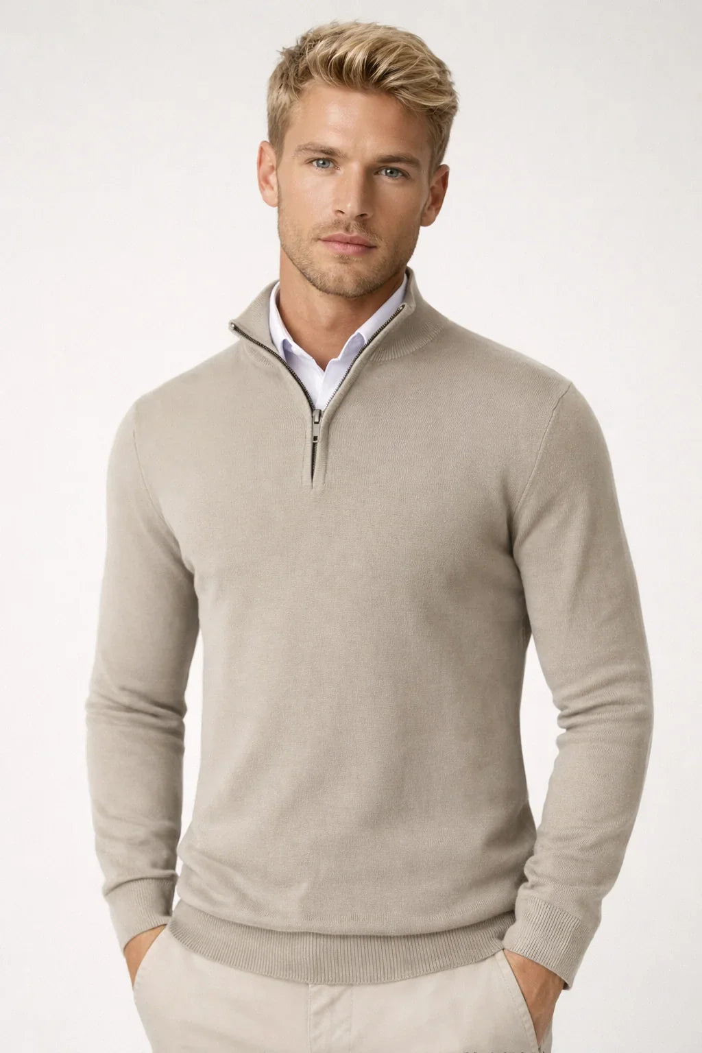 Men's half zip jumper, fine knit quarter zip, view 2