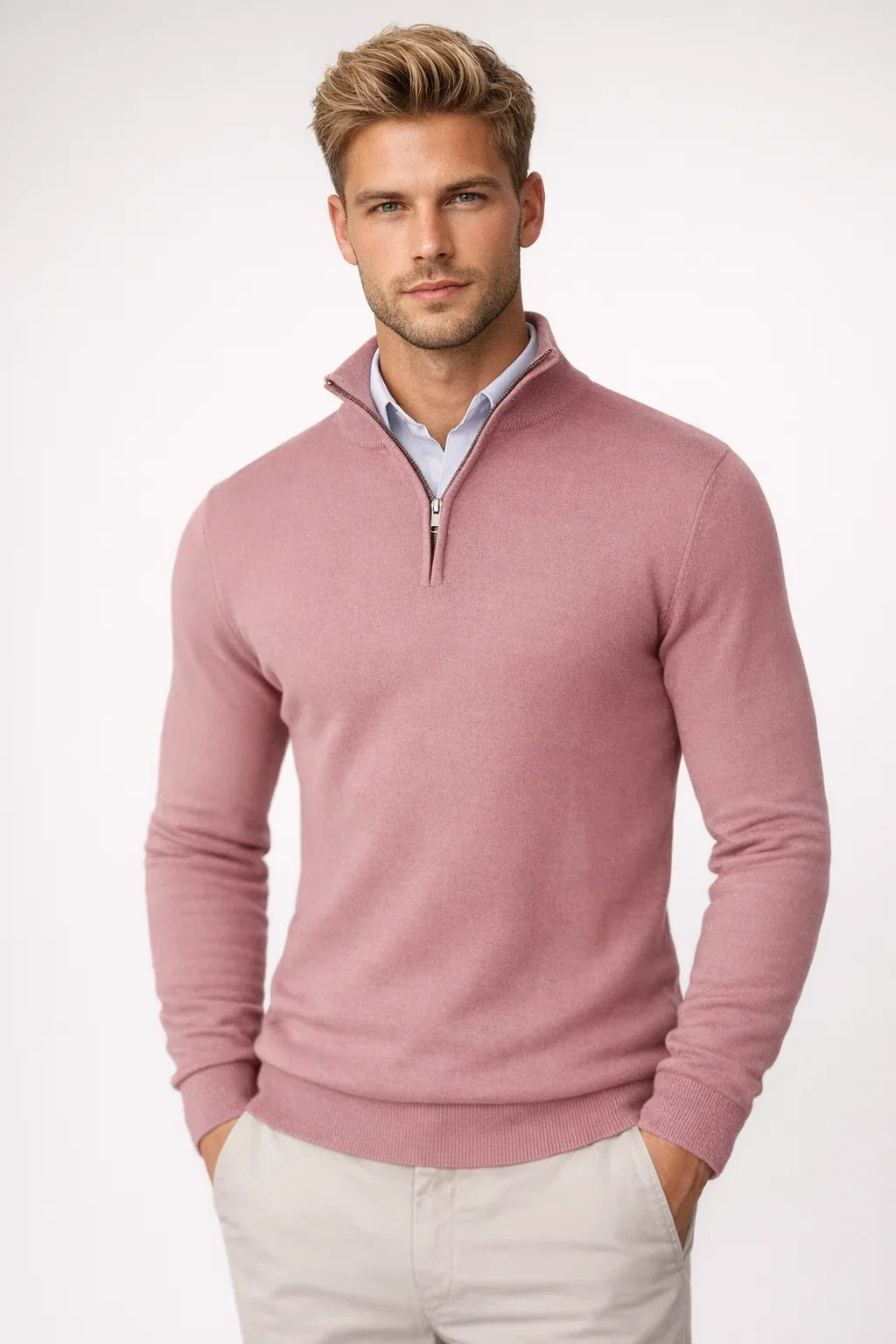 Men's half zip jumper in pink, fine knit quarter zip