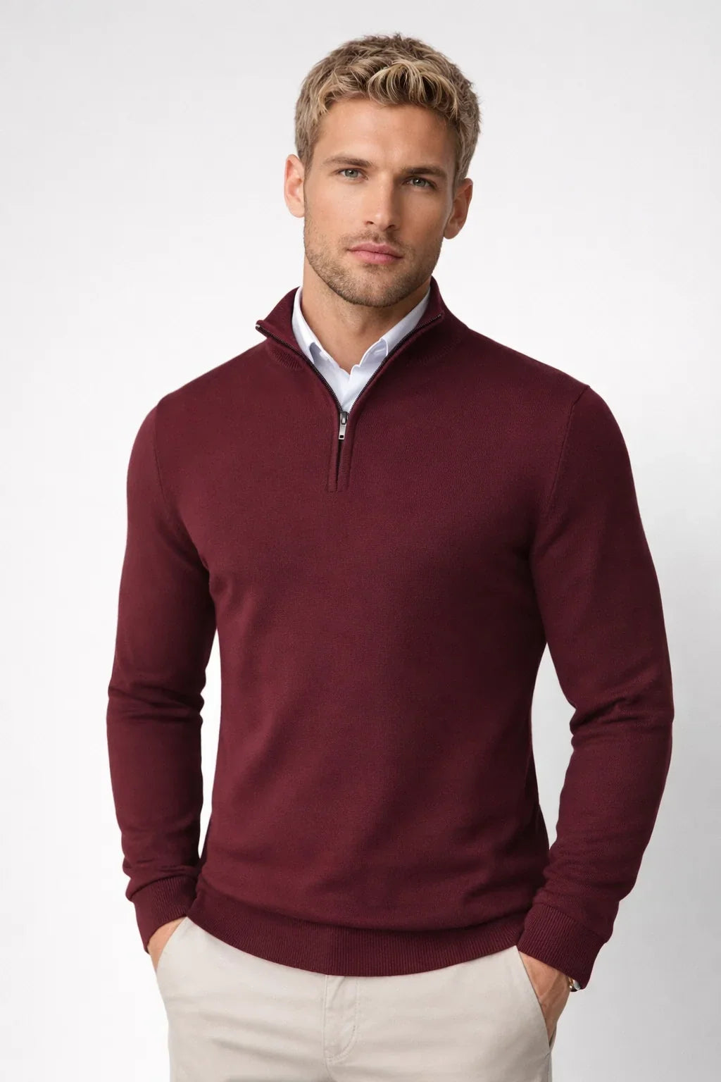 Men's half zip jumper in red, fine knit quarter zip