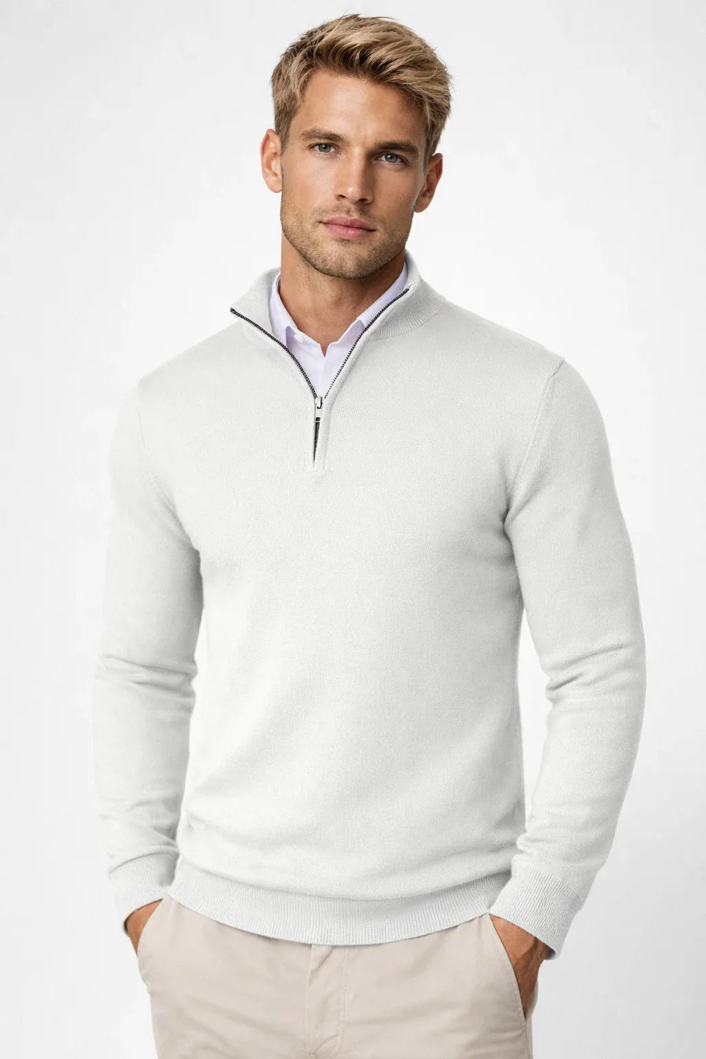 Men's half zip jumper in white, fine knit quarter zip
