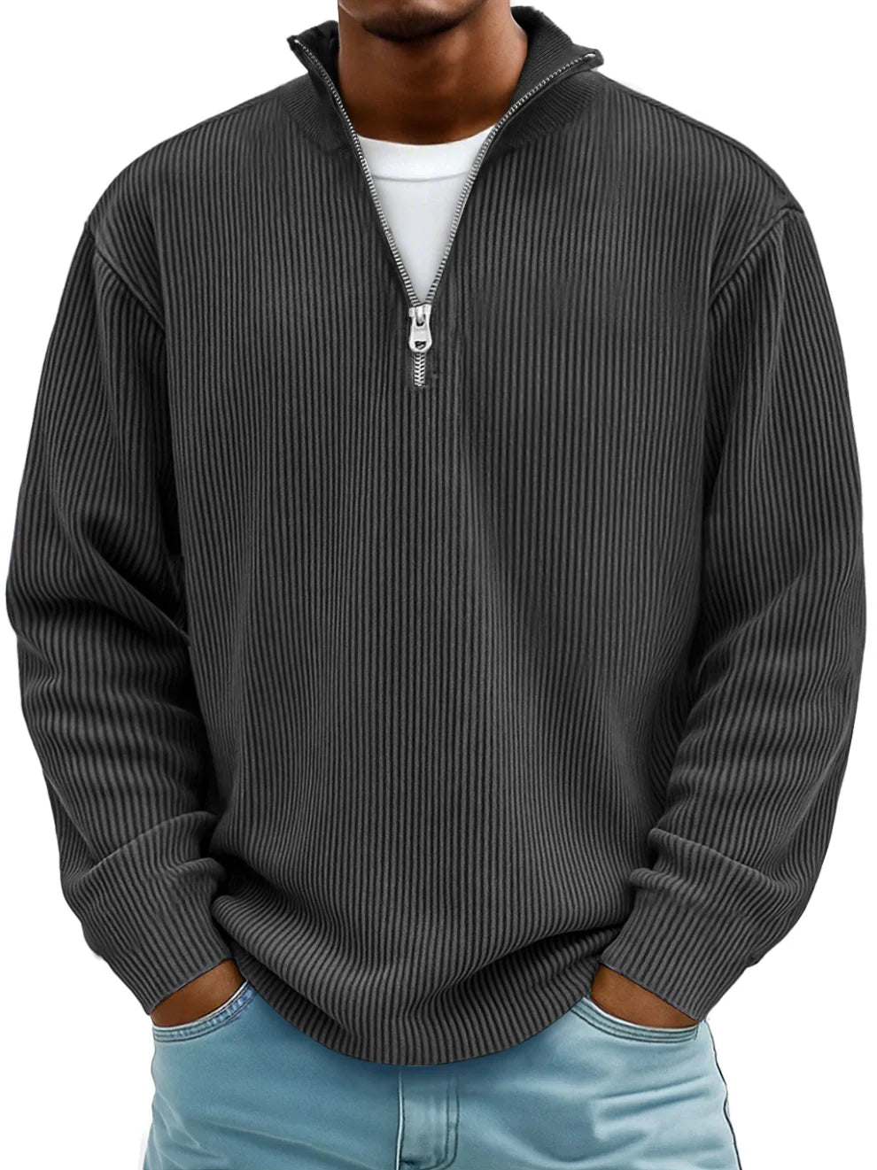 Men's half zip jumper in black, ribbed knit quarter zip