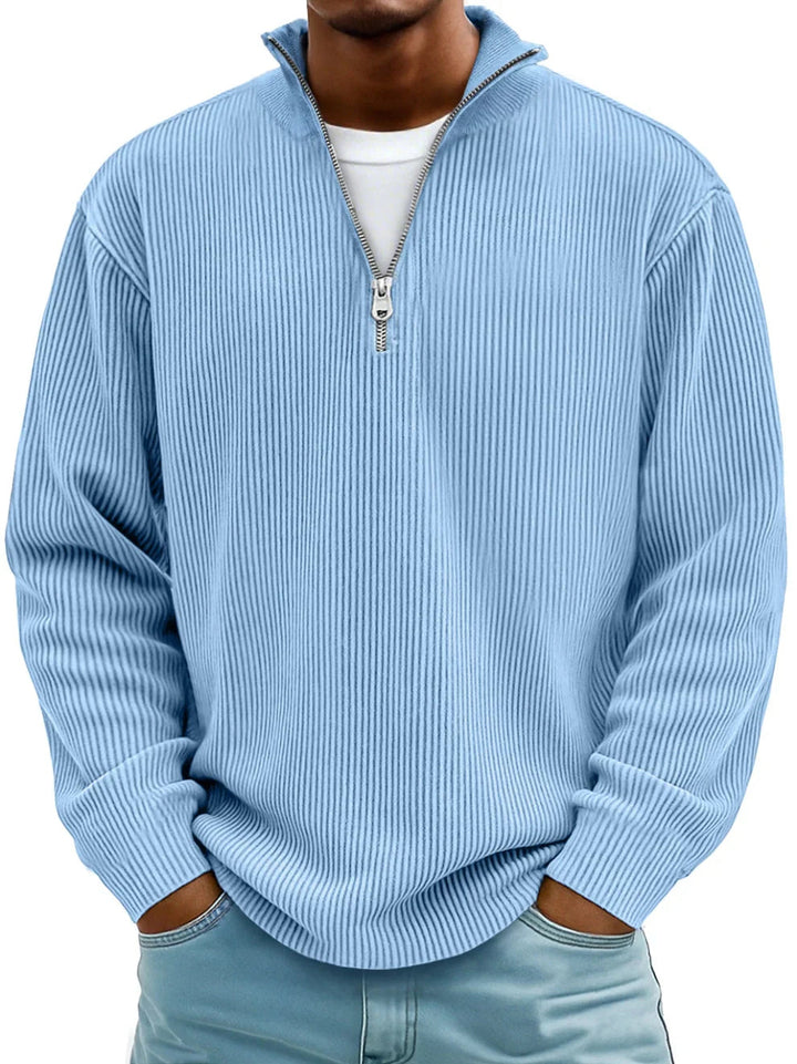 Men's half zip jumper in blue, ribbed knit quarter zip
