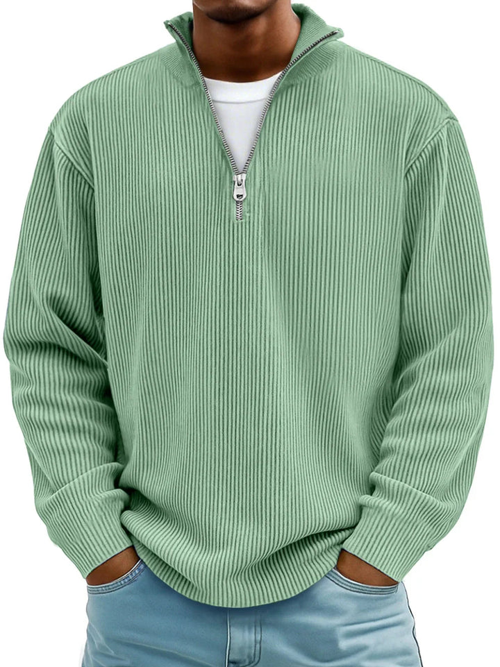 Men's half zip jumper in green, ribbed knit quarter zip