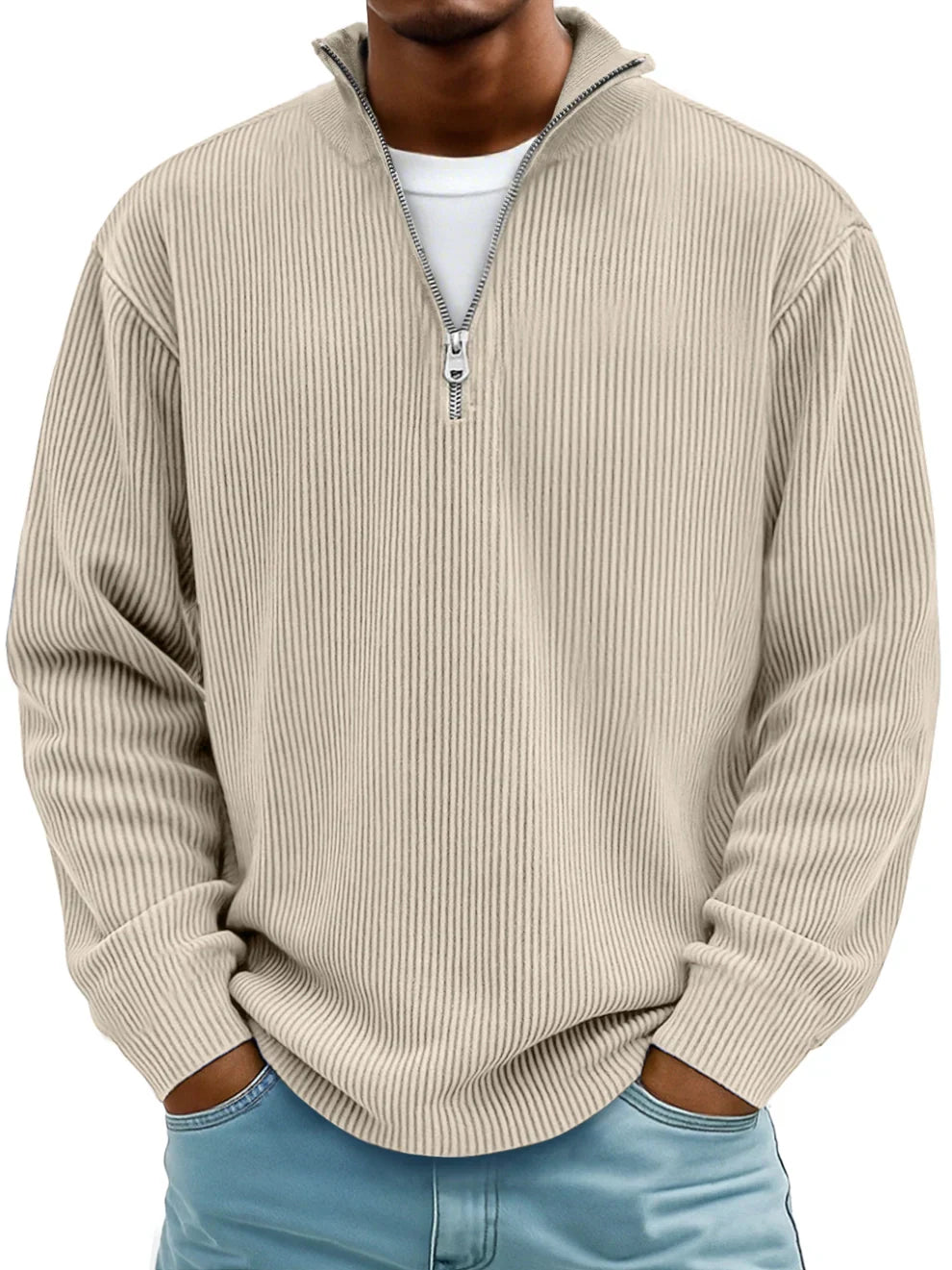 Men's half zip jumper in khaki, ribbed knit quarter zip