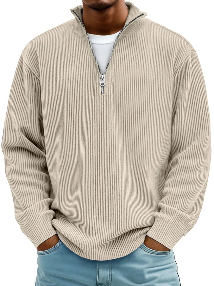 Men's half zip jumper in khaki, ribbed knit quarter zip