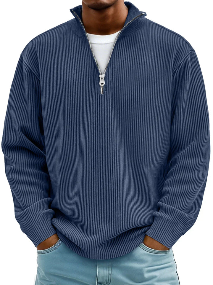 Men's half zip jumper in navy blue, ribbed knit quarter zip