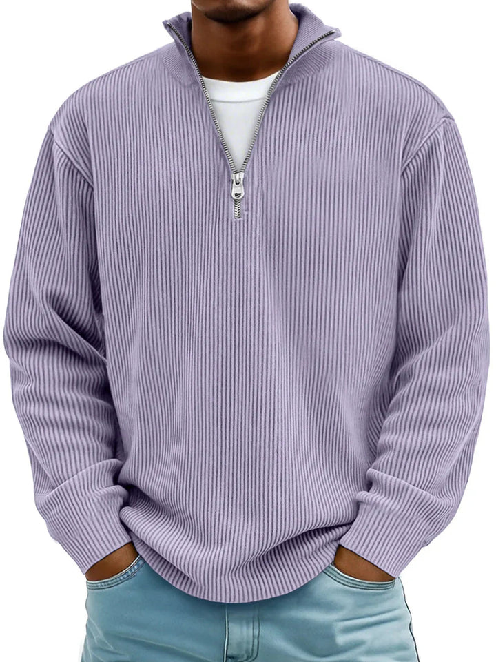 Men's half zip jumper in purple, ribbed knit quarter zip
