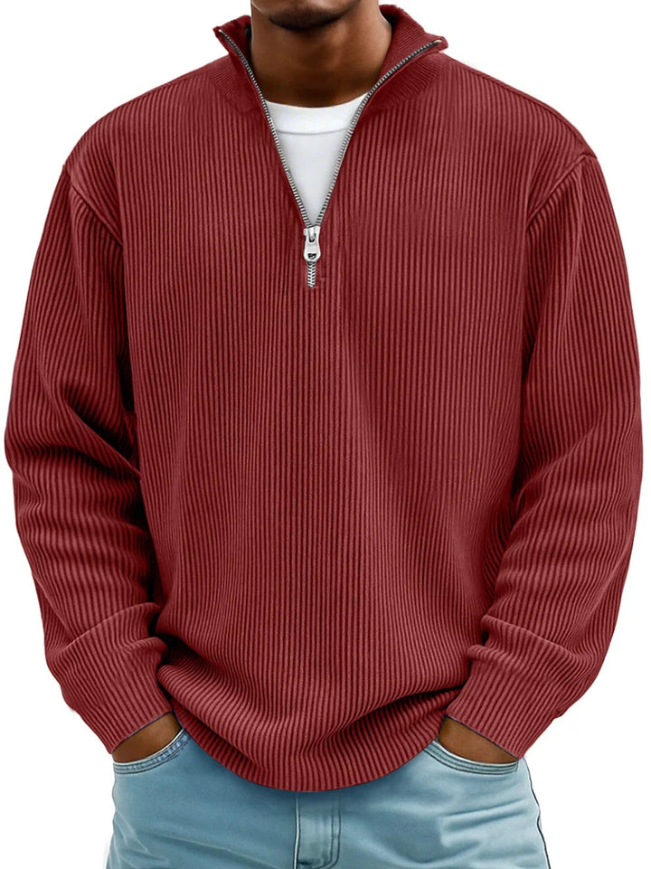 Men's half zip jumper in red, ribbed knit quarter zip