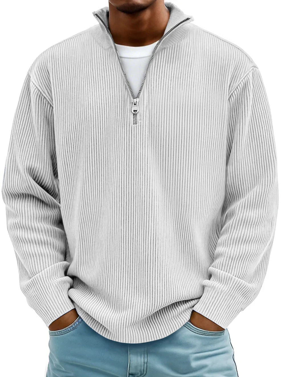 Men's half zip jumper in white, ribbed knit quarter zip