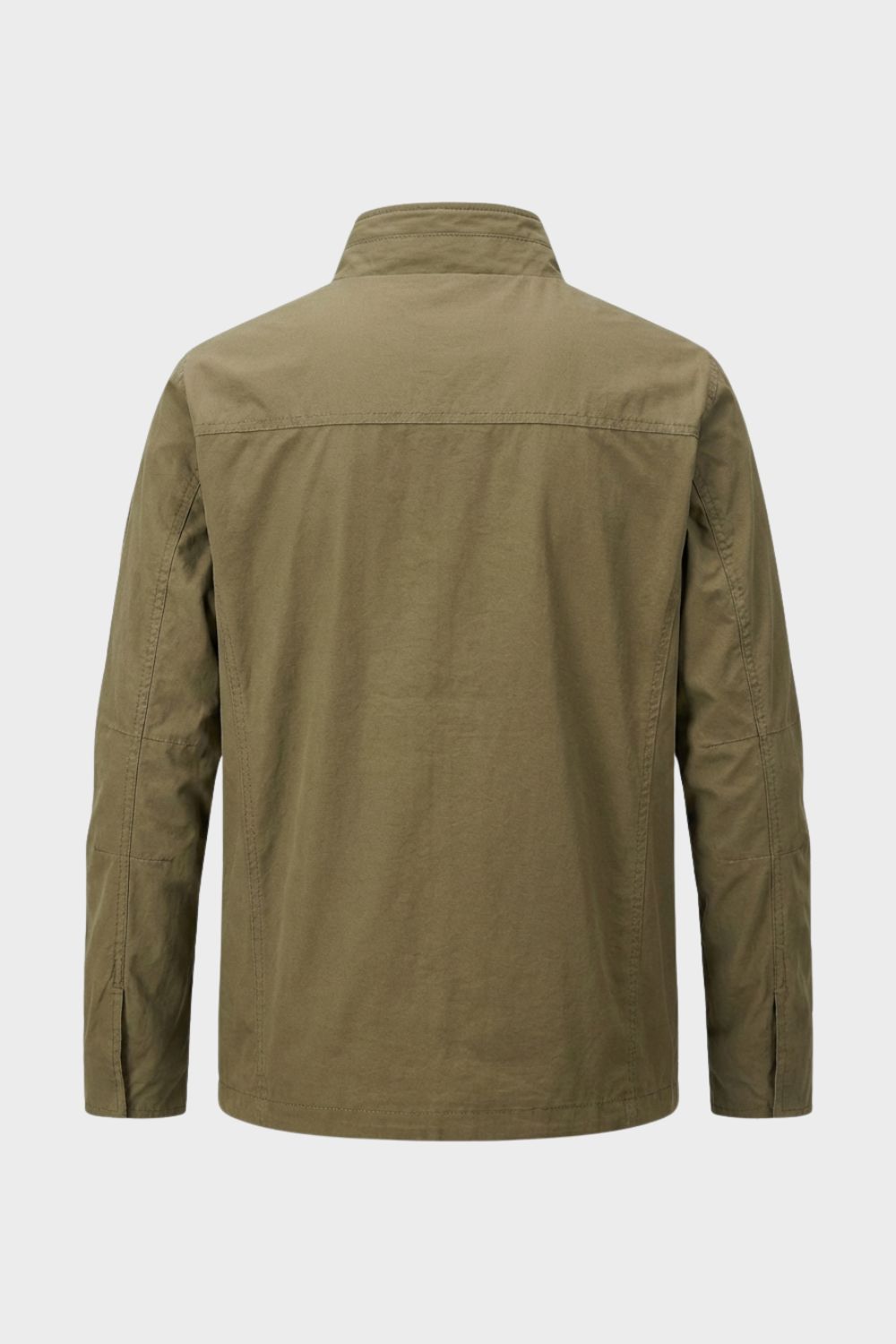Back view of the khaki jacket with yoke seam and stand collar