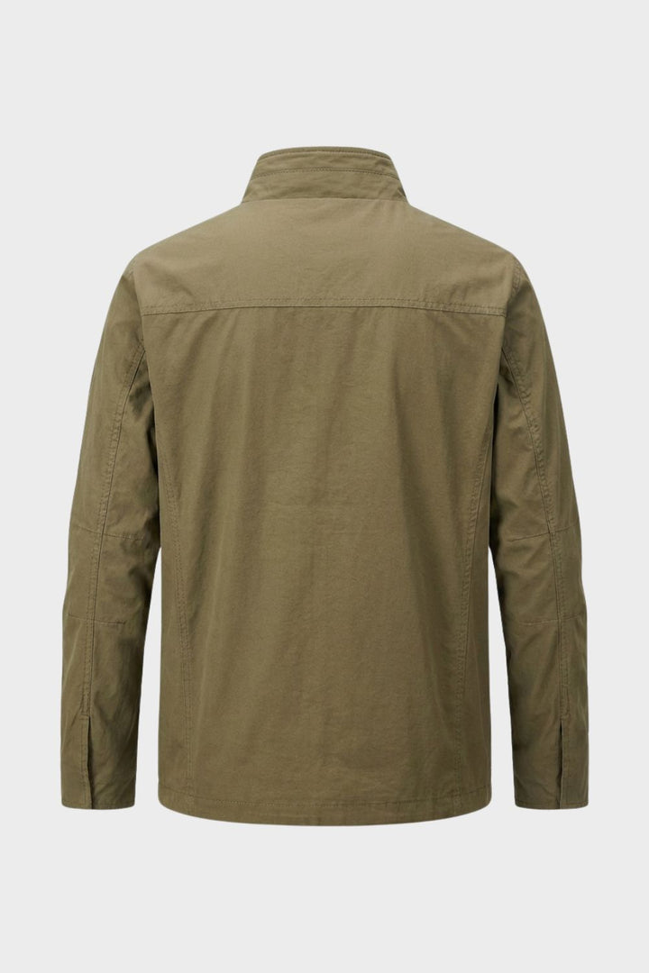 Back view of the khaki jacket with yoke seam and stand collar