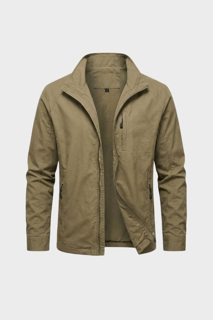 Men's Harrington jacket in khaki, stand collar zip front with zip pockets