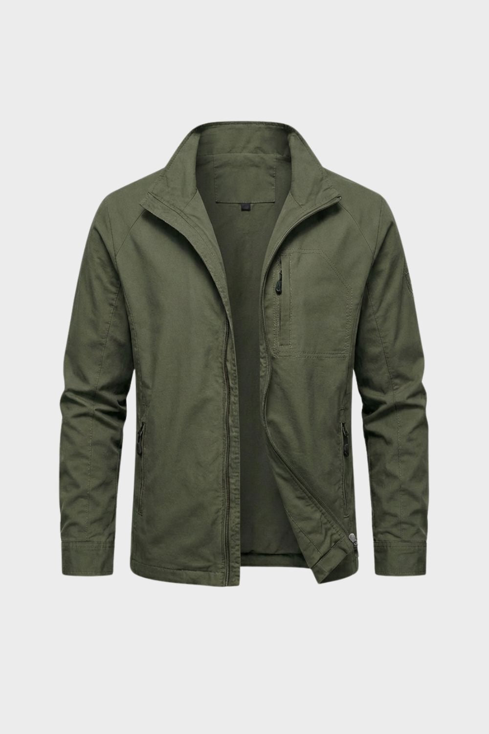Olive green Harrington jacket with stand collar and full zip front