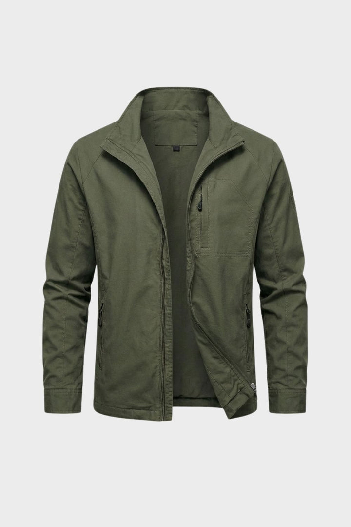 Olive green Harrington jacket with stand collar and full zip front