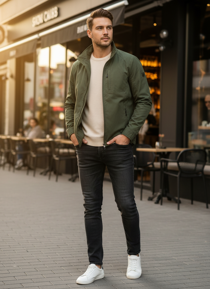 Man in the olive green jacket with a cream jumper outside a cafe