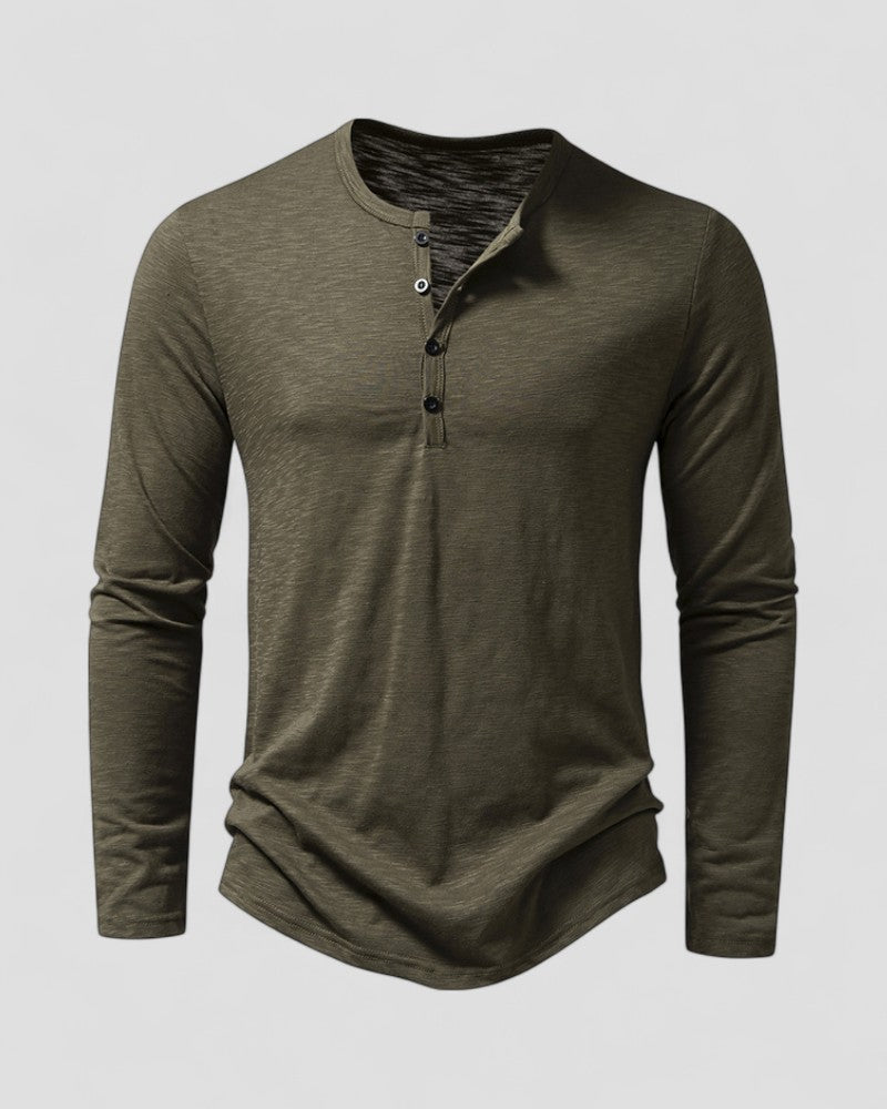 Men's henley top in army green, long sleeve button placket crew