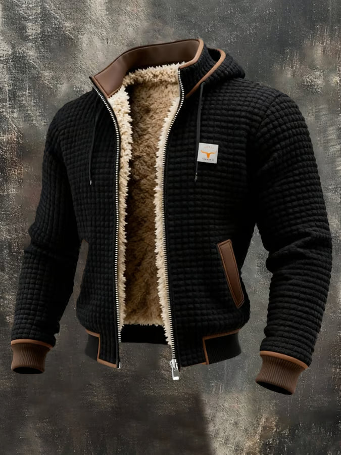Black waffle bomber jacket with hood and sherpa-look lining