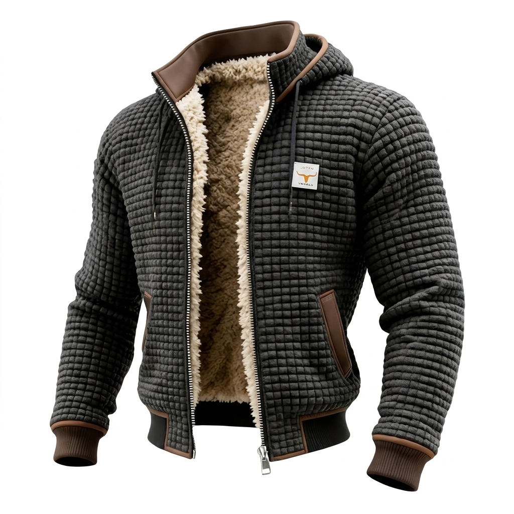 Men's hooded bomber jacket in charcoal, waffle texture with sherpa-look lining