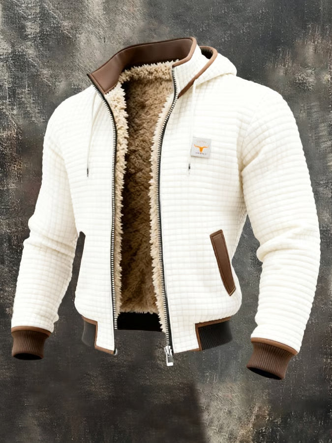 Cream hooded bomber with brown contrast trims and full zip