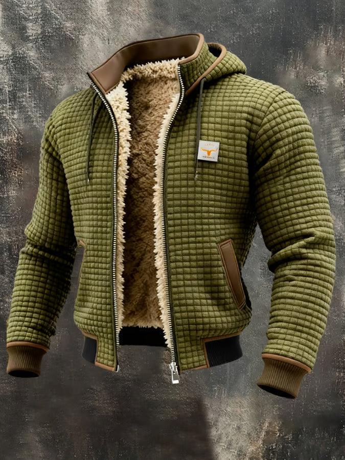 Olive green hooded bomber with chest patch and ribbed hem
