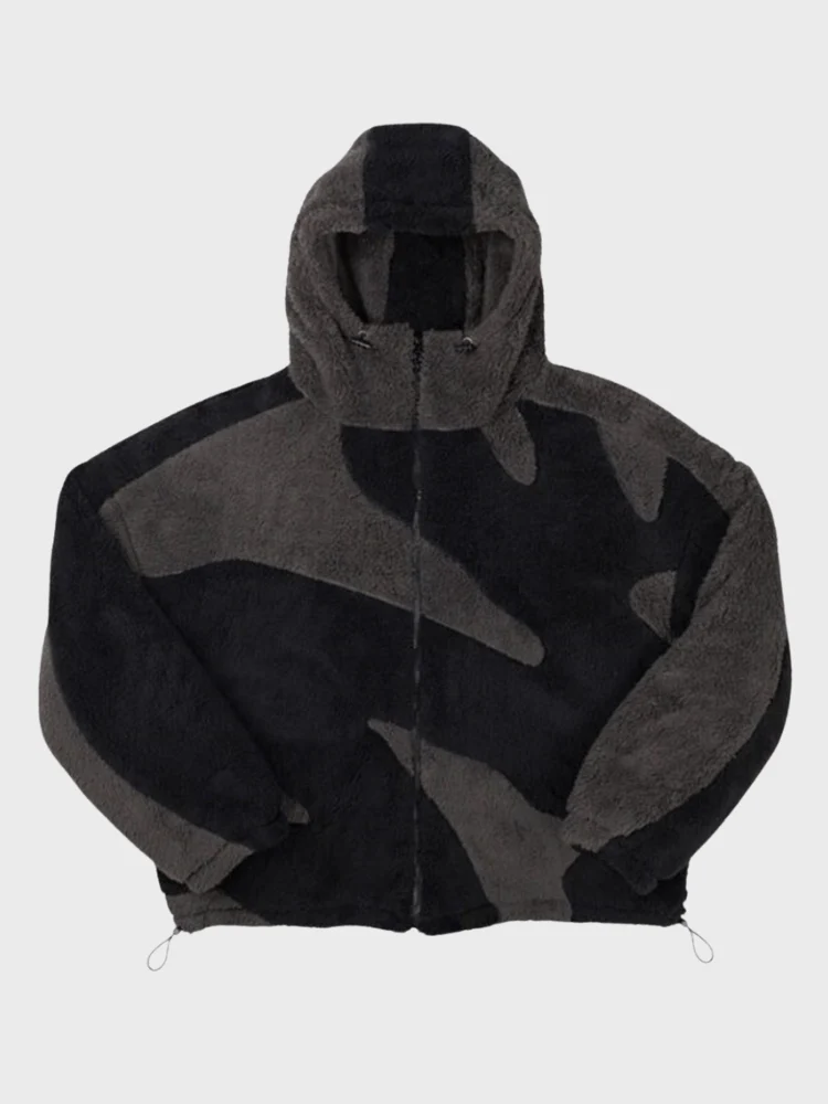 Black fleece jacket laid flat with hood and drawstring hem