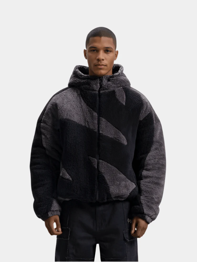 Men's hooded fleece jacket in black, zip up with tonal abstract pattern