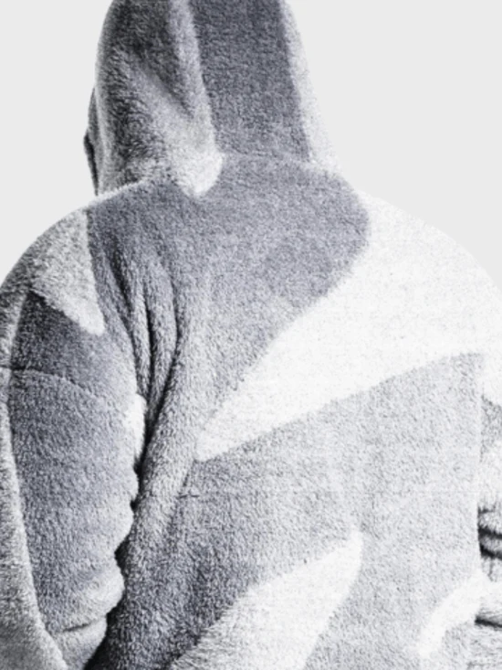 Back of the grey fleece jacket showing the tonal pattern and hood