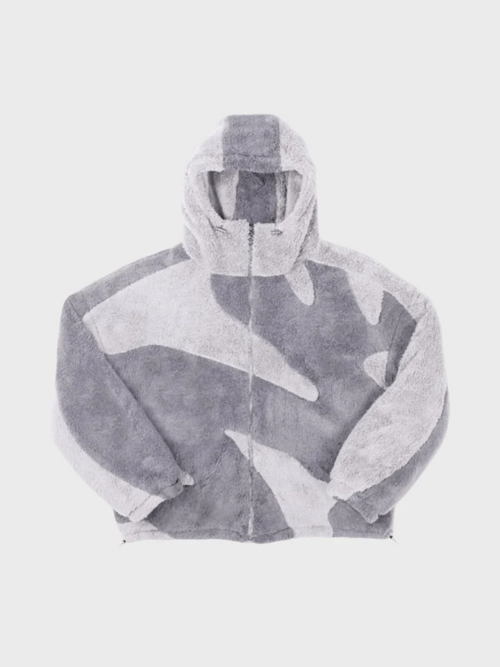 Grey fleece jacket laid flat with the zip open at the hem
