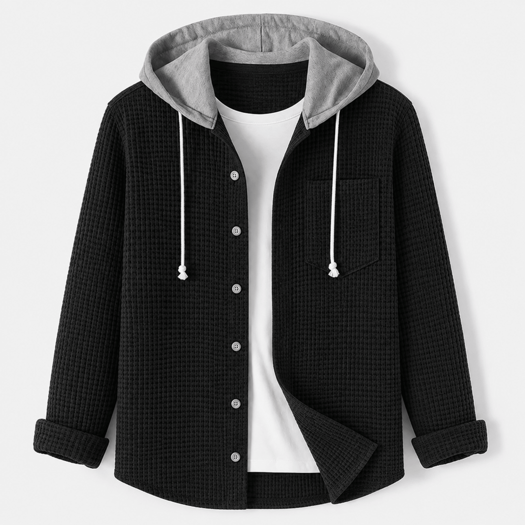 Men's hooded overshirt in black, waffle shacket with grey contrast hood
