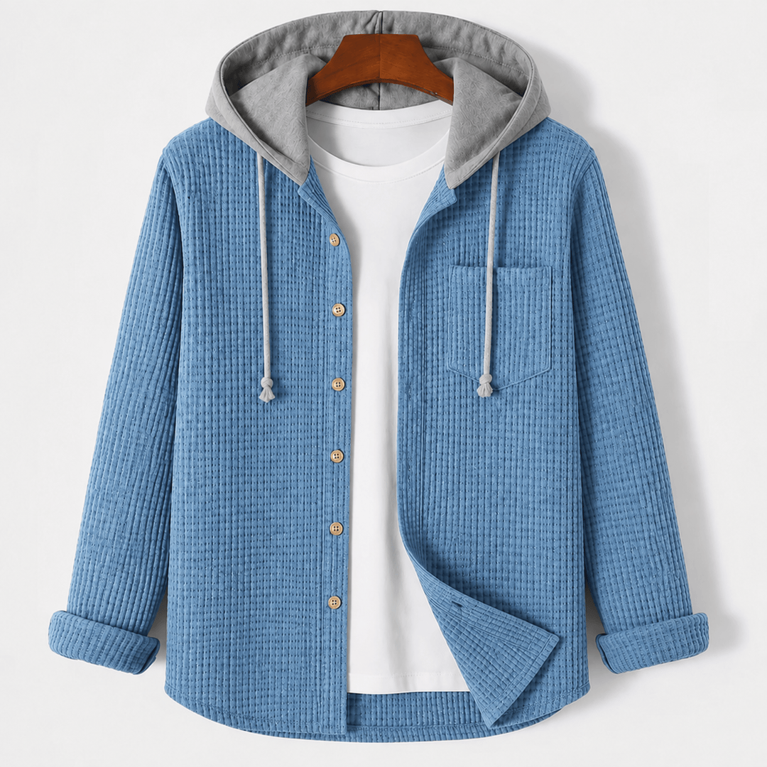 Blue waffle overshirt with grey hood and white drawcords
