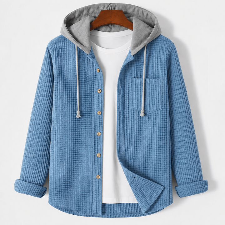 Blue waffle overshirt with grey hood and white drawcords