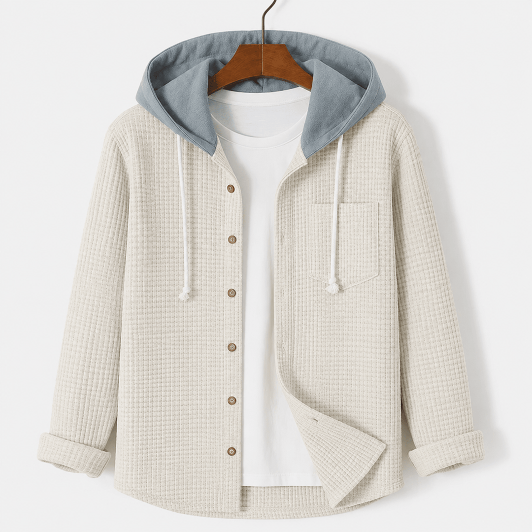 Cream waffle overshirt with a blue grey contrast hood
