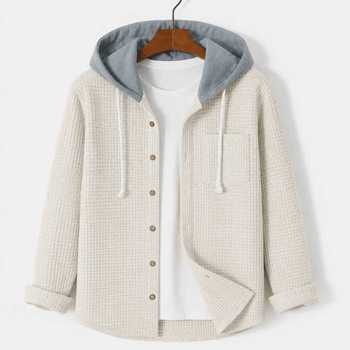 Cream waffle overshirt with a blue grey contrast hood