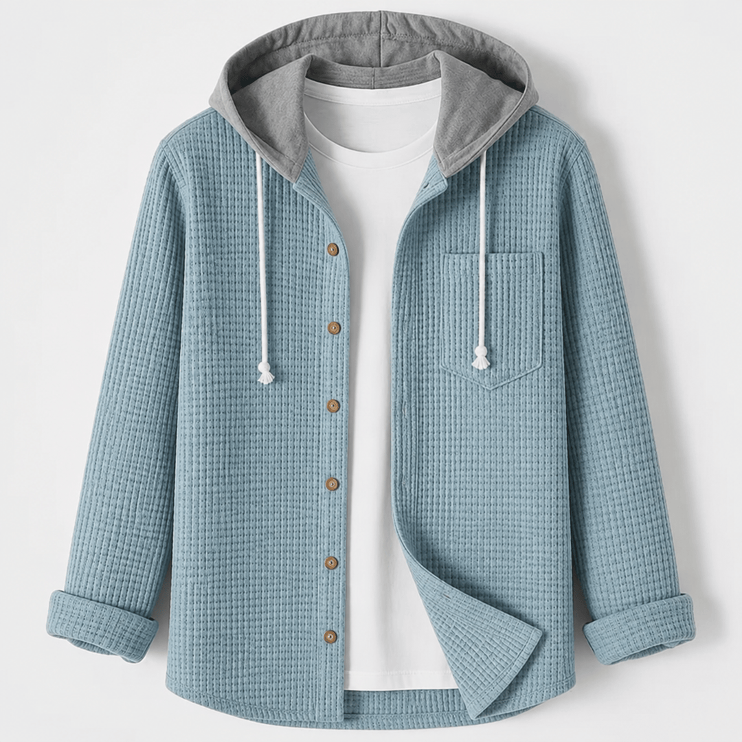 Light blue hooded shacket with button front and chest pocket