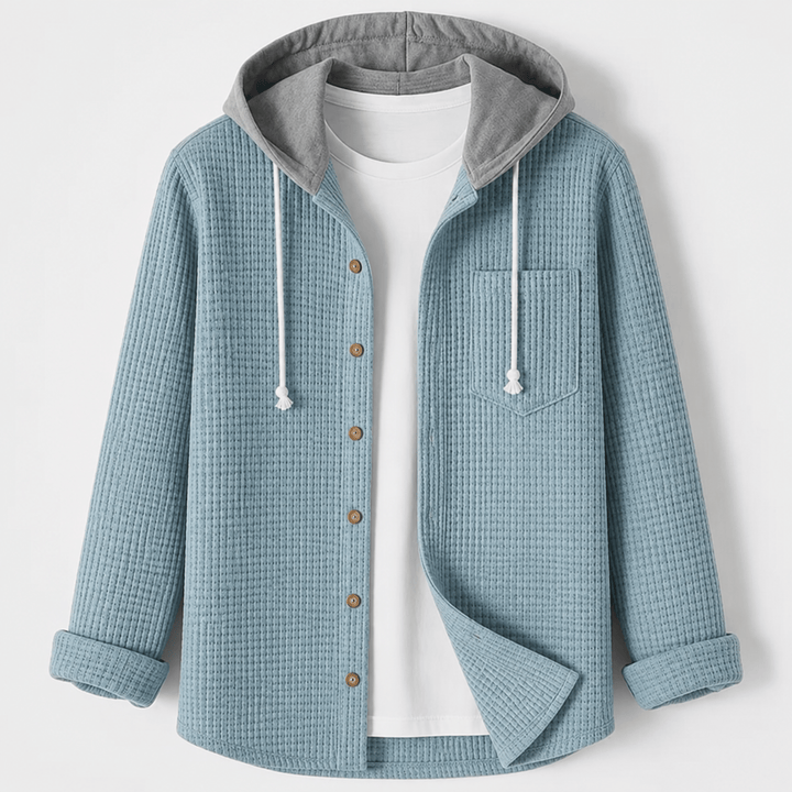 Light blue hooded shacket with button front and chest pocket
