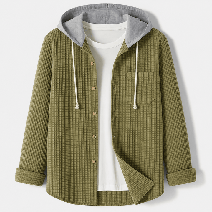 Olive green hooded overshirt with rolled cuffs and chest pocket