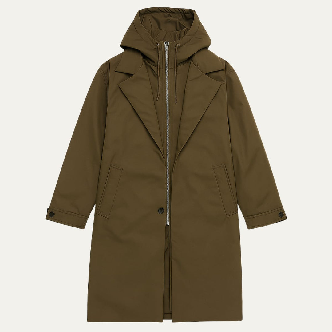 Army green long parka coat with zipped hooded inner layer