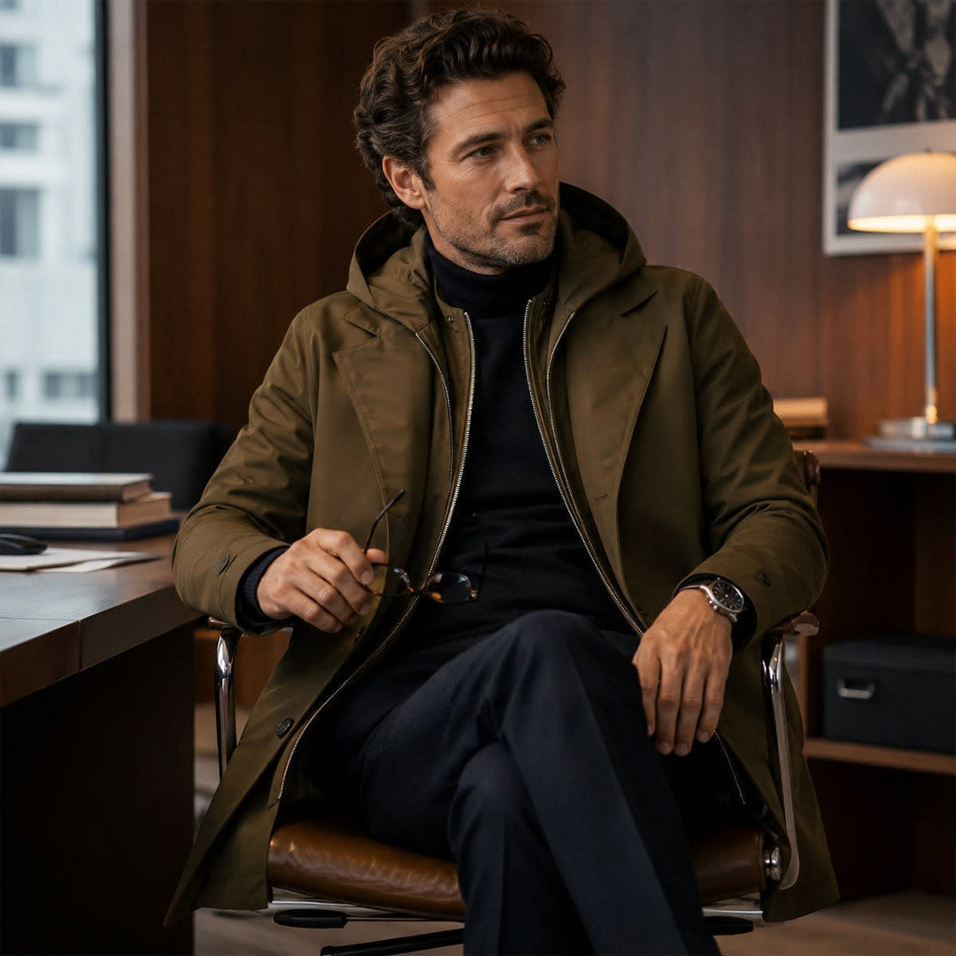 Army green hooded coat worn seated in a study