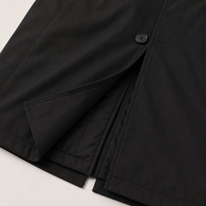 Side pocket and button front detail on the black parka coat