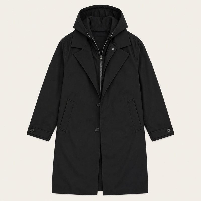 Men's hooded parka coat in black, long notch lapel with inner zip layer