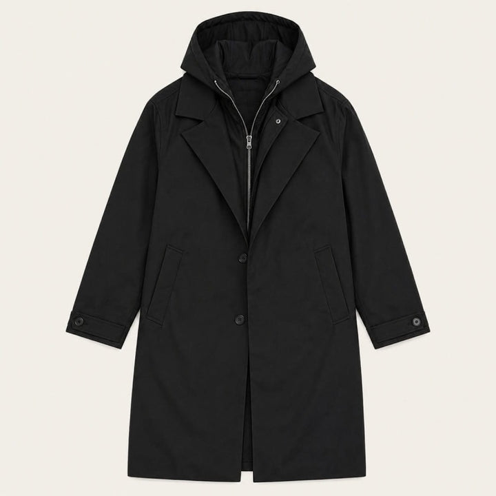 Men's hooded parka coat in black, long notch lapel with inner zip layer